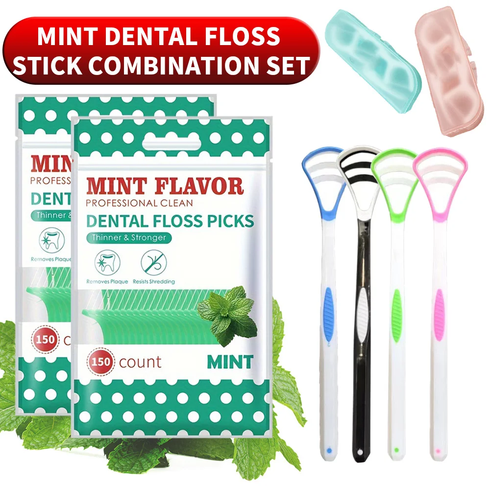 

50/150/300 mint dental floss stick combination set, equipped with tongue coating cleaner, dental floss dispenser