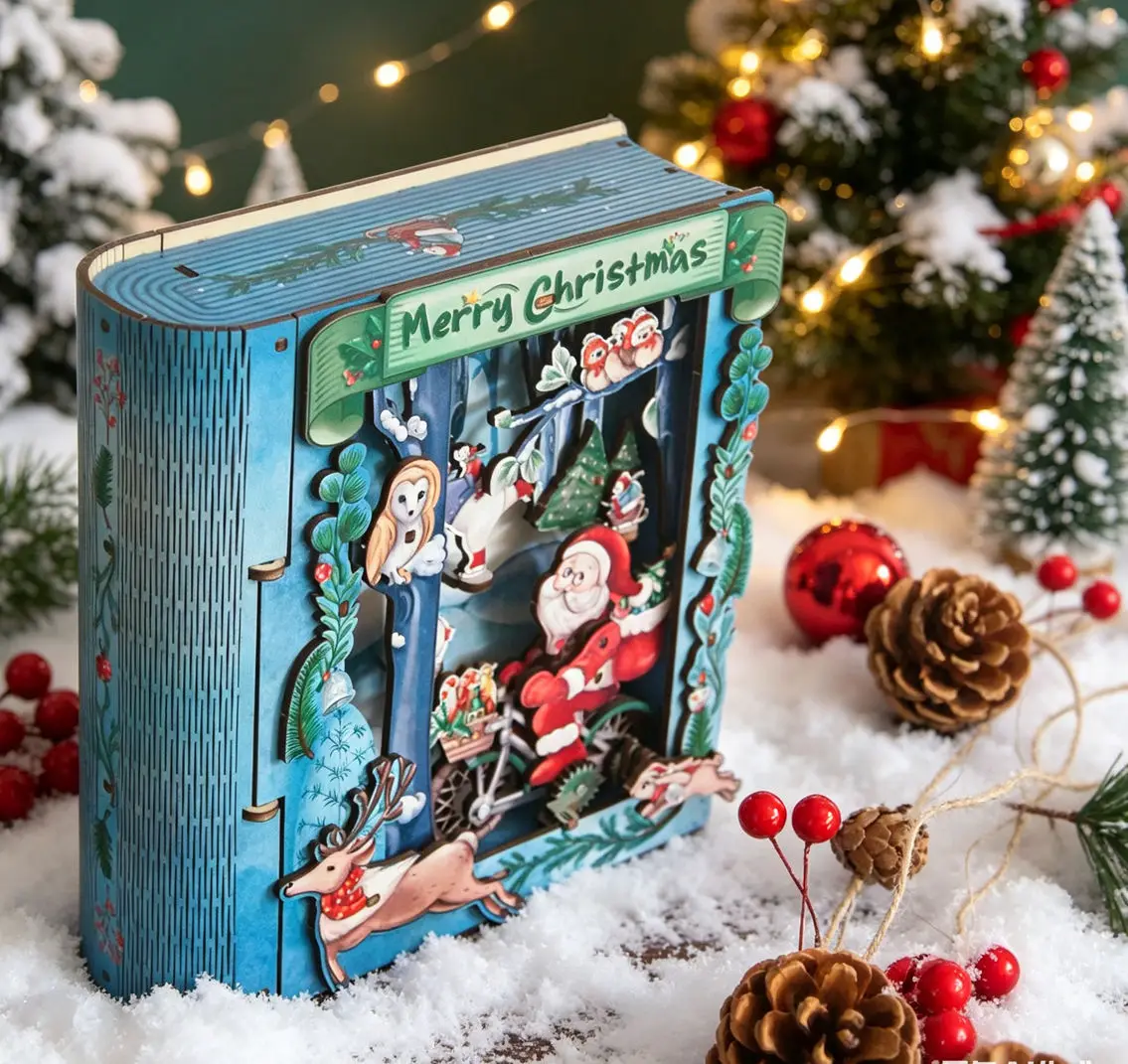 

Christmas Book Nook Wooden 3D Puzzle, DIY Mini Bookend House, Santa Winter Scene Diorama Assembly Model Holiday Decor Gift