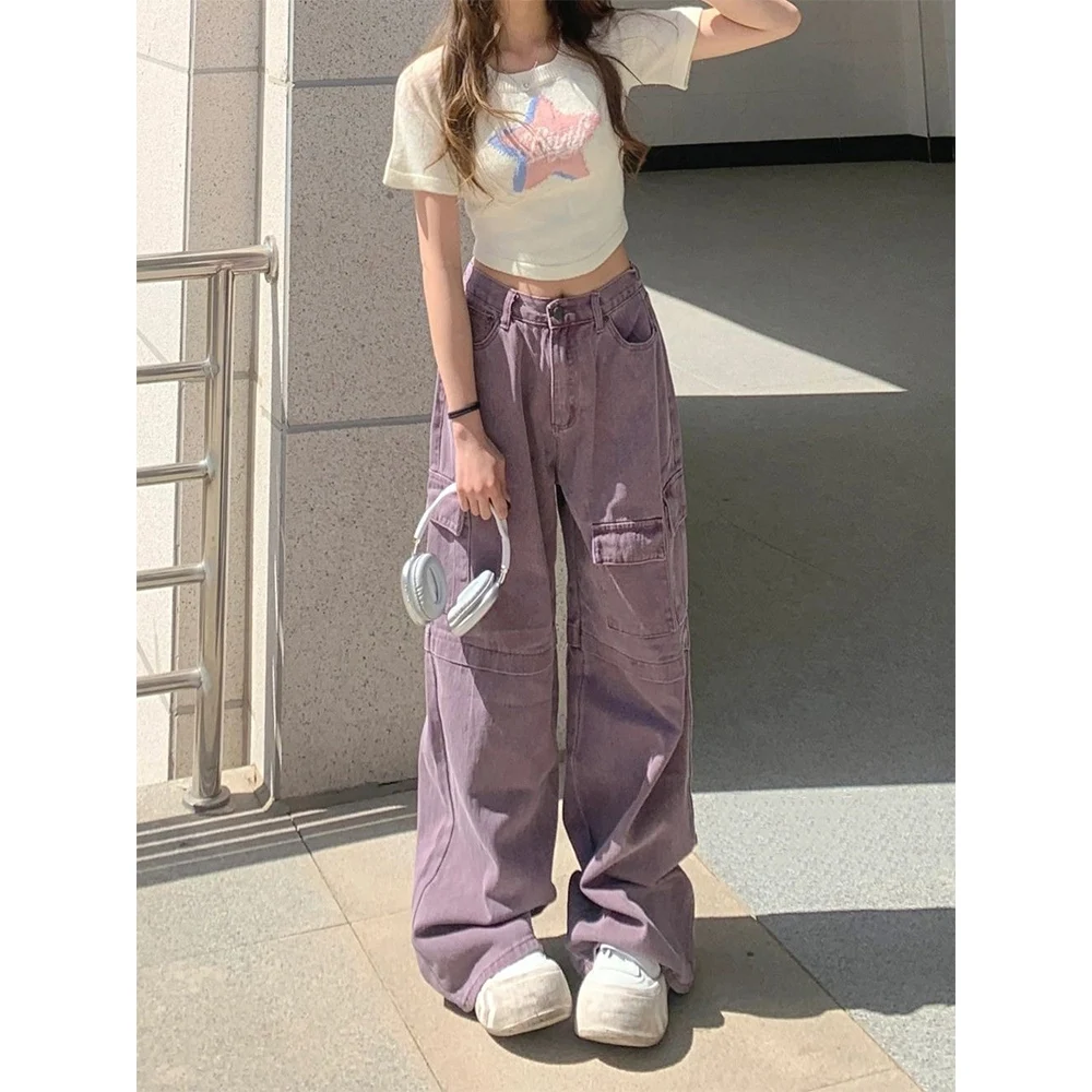 Vintage Women Purple Denim Pants High Waist Loose Cargo Pants Female Casual All-match Personality Multi-pockets Wide Leg Jeans