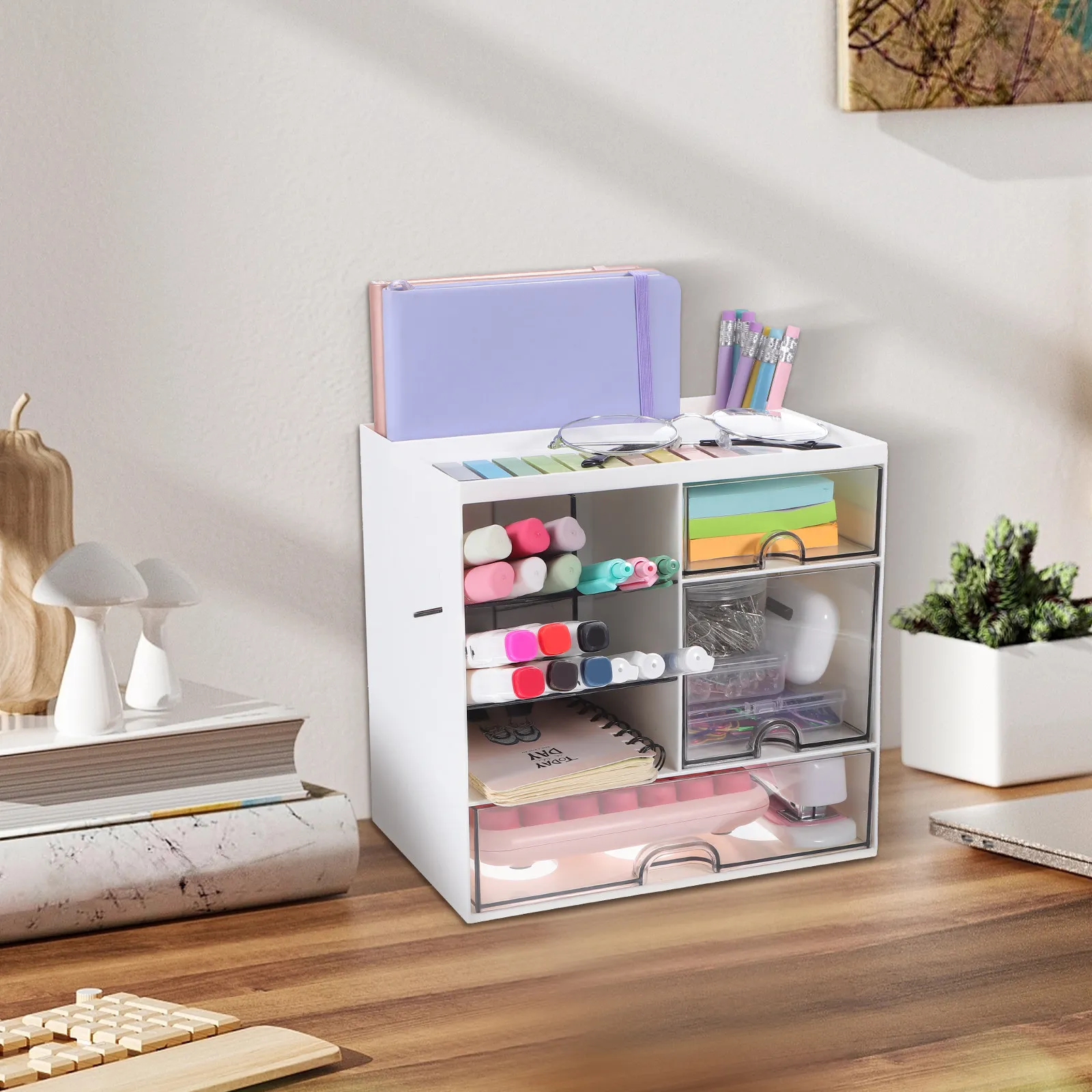 

Space Saving Desktop Storage Organizer Slanted Design Clear Drawers for Office School Dorm Room Countertop Organization