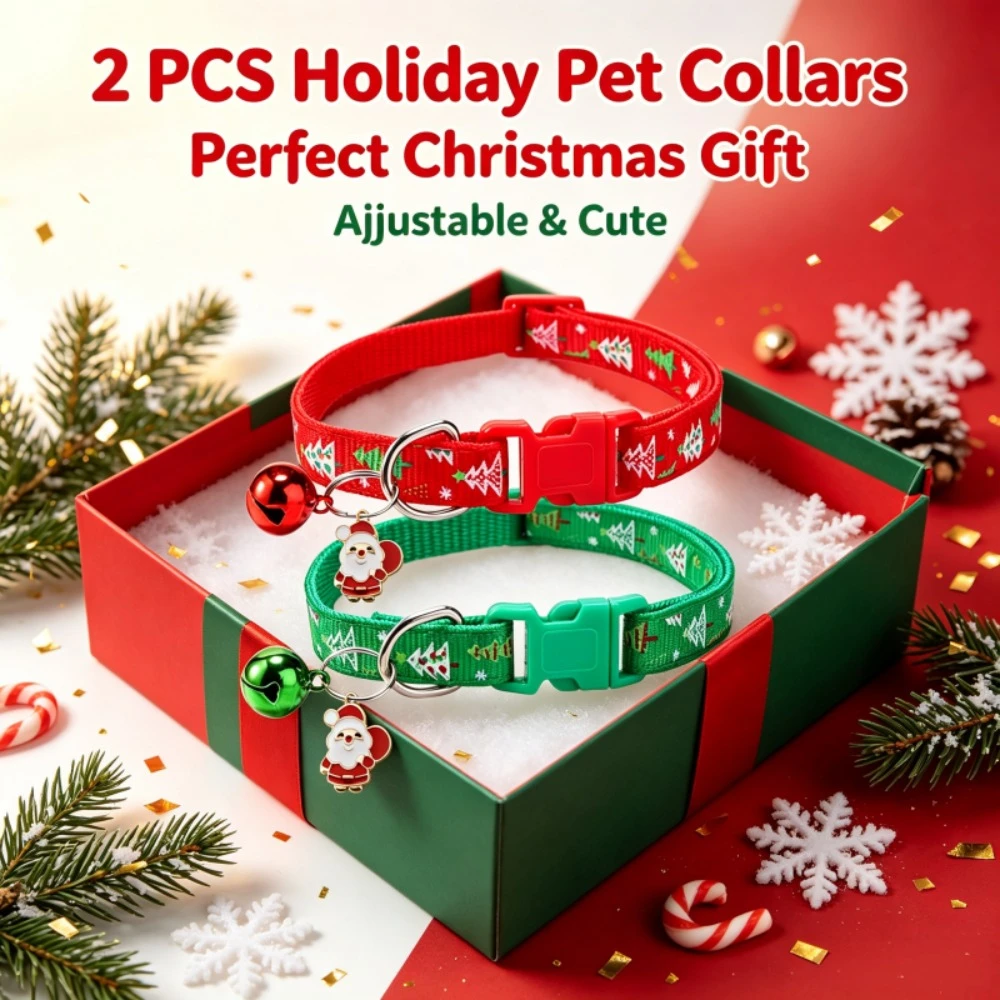 Christmas Pet Collar 2-Piece Set, Adjustable Red and Green Christmas Tree Pattern Collar for Dogs and Cats, with Jingle Bell and Santa Claus Pendant, Quick-Release Buckle Holiday Accessory Necklace, Cute Christmas Outfit Gift, Suitable for Puppies, Kittens, and Small Animals