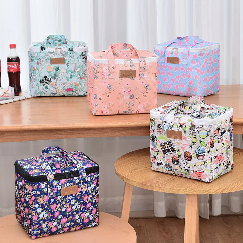 Bolsa de aislamiento cuadrada de 10L, bolsa de hielo portátil, bolsa de almuerzo con estampado de moda, Bento