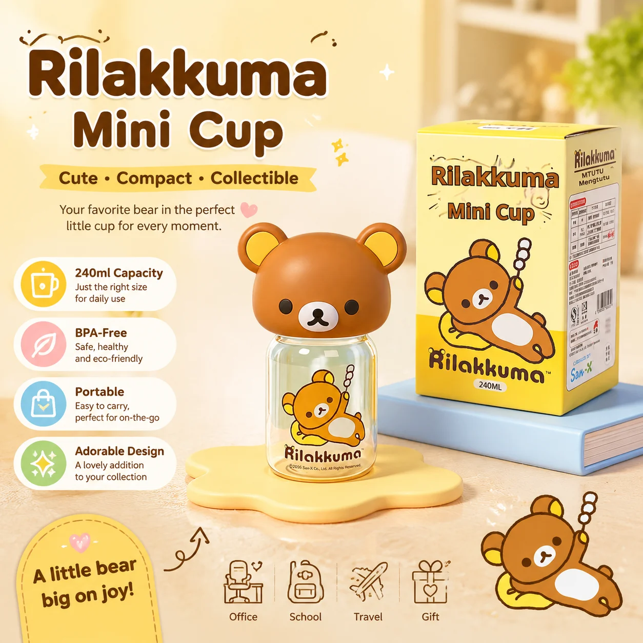 2026 Rilakkuma Plastic 240ml/560ml Water Bottle Large Capacity Heat Resistant Outdoor Sports Portable Drinking Cup