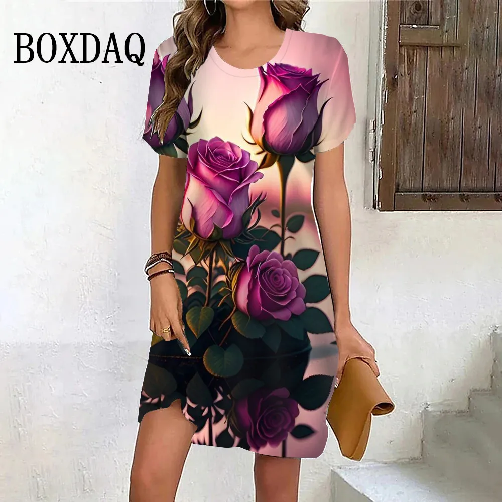 2024 Summer Beach Mini Dress Women New Flower Print Short Sleeve Dress Casual Holiday Loose Plus Size Female Clothing Sundress