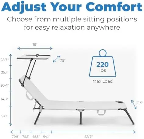 Folding Outdoor Lounge Chair with Canopy - Portable & Adjustable Beach Lounge Chair - 5-Positions, Carry Handles, 600D