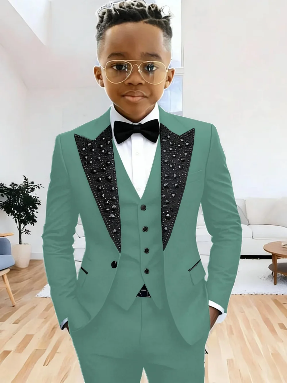 Boys Luxury Beaded Suit Set 3 Pieces For Evening Party High Quality Peak Lapel Suits Piano Performance Wear Elegant Plus Size