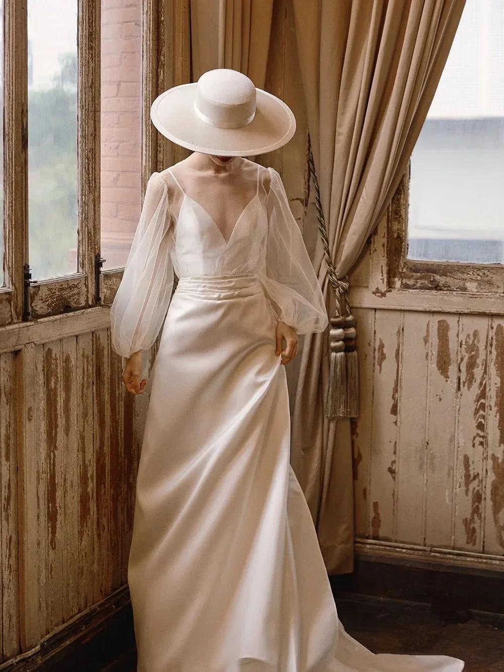 Vestido de novia blanco de manga larga con cuello en V, Simple, con lazo, elegante, transparente, vestido de novia