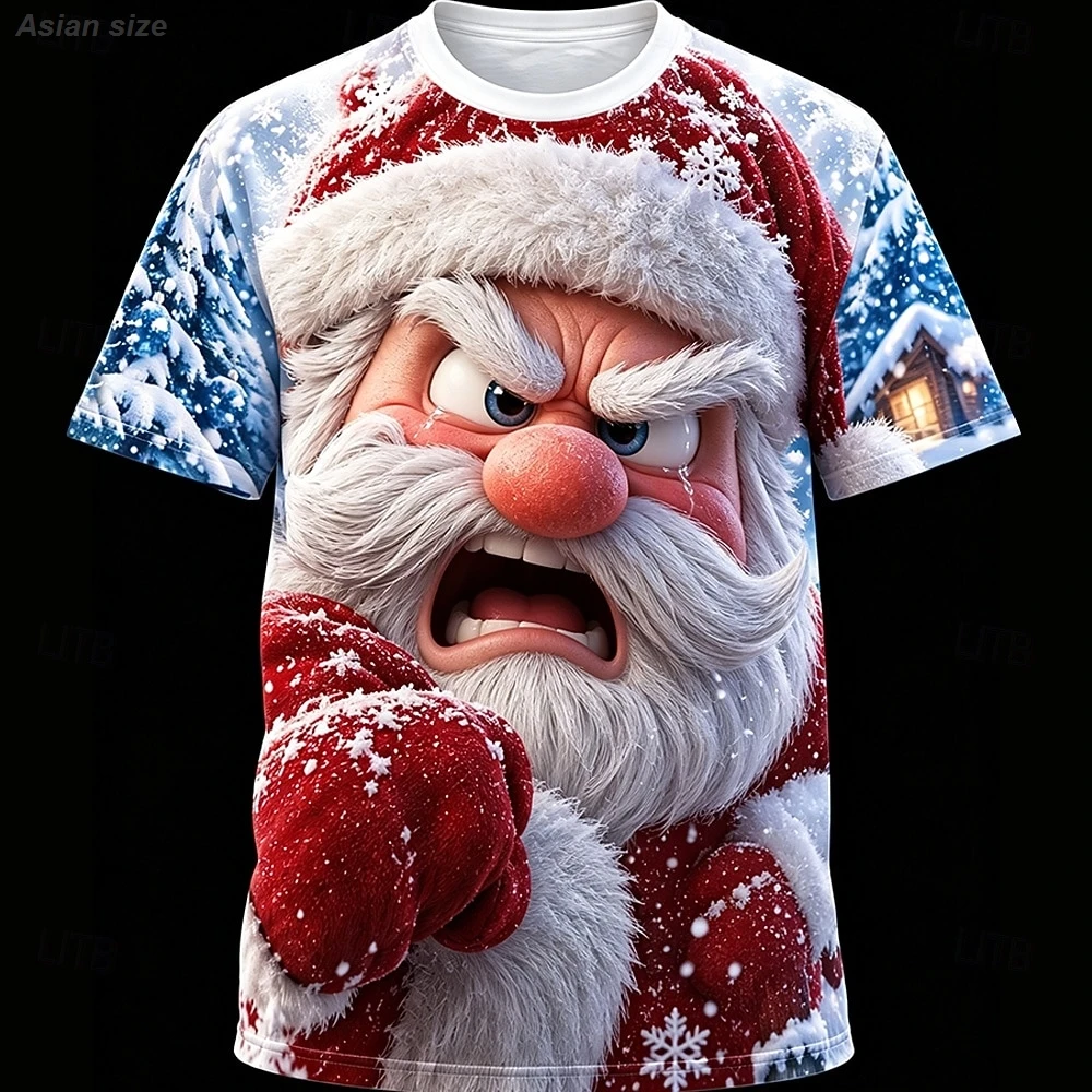 Men Crew Neck T Shirt 3D Cartoon Santa Claus Print Short Sleeve Tee Christmas Snow Scene Casual Tops
