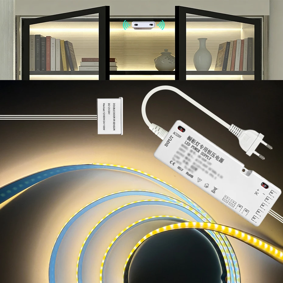 1-6pcs COB LED Strip Cabinet Light DC 12V Double Door Control Sensor Showcase Wardrobe Lamp Tape with EU/ US/ AU/ UK Power Plug