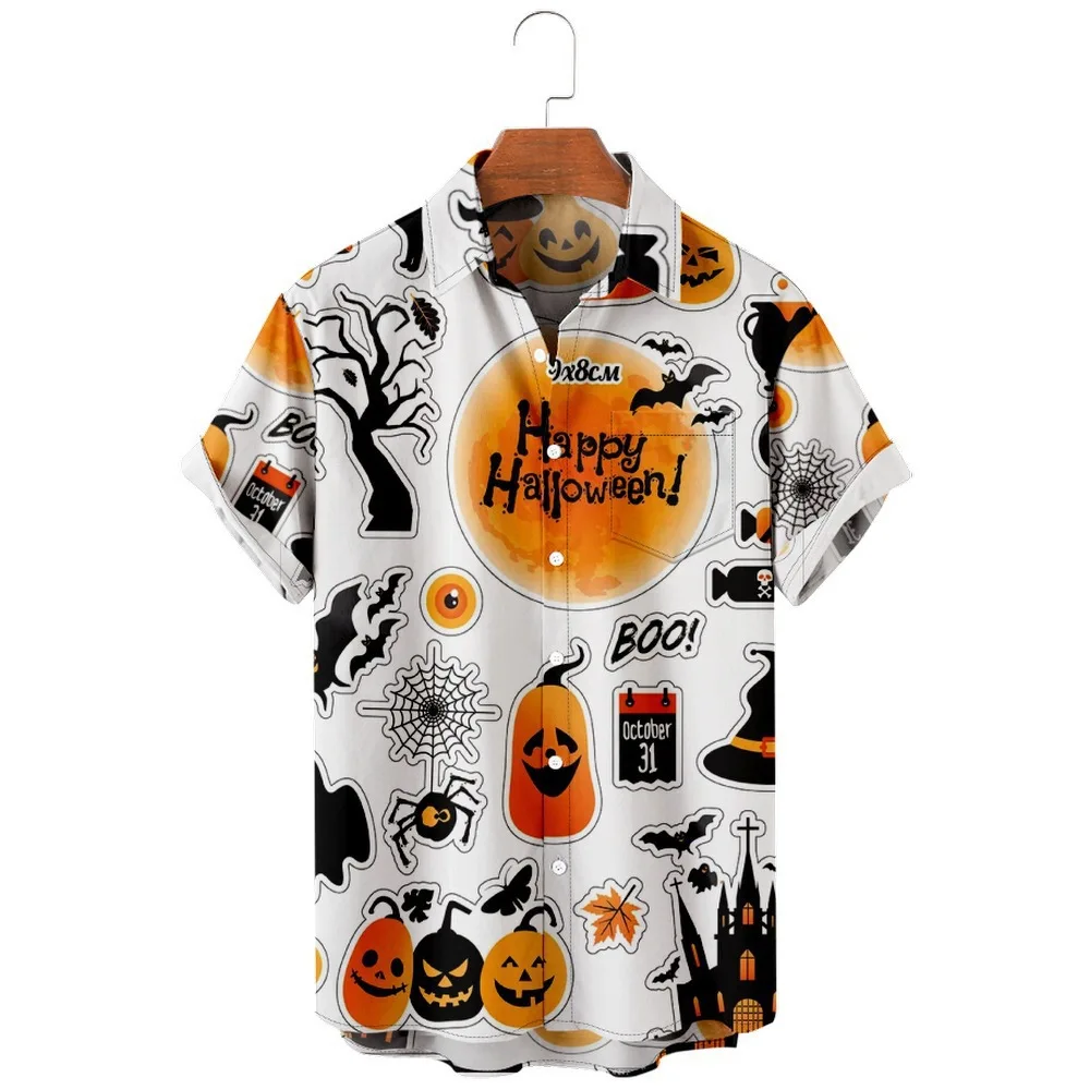 2023 Hawaiian Men\'s Shirt Halloween Ghosts Pumpkin 3D Printed Short Sleeve Casual Summer Luxury Loose Breathable Oversized Tops