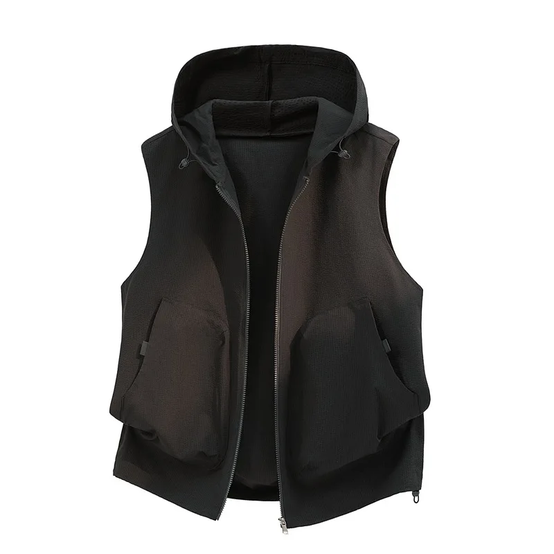 Men's Hooded Vest Casual Lightweight Breathable Sleeveless Hooded Outwear Summer Safari Style Pockets Hiking Camping Waistcoat