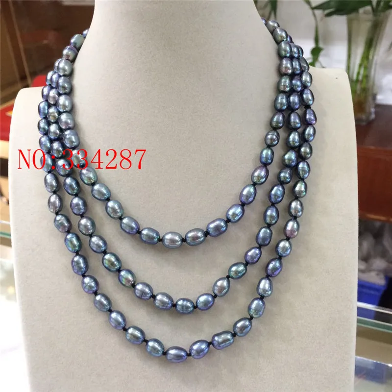 

Natural Freshwater Pearl Black Peacock Green Rice Necklace 7-8MM long 50inch Sweater chain