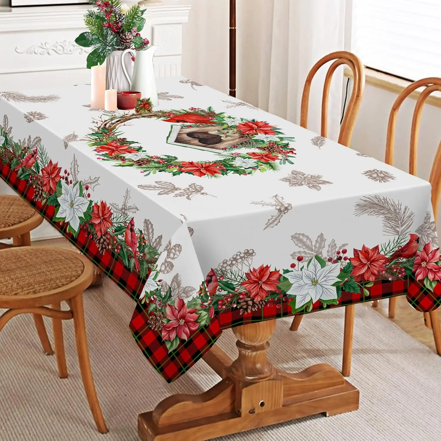 Christmas Poinsettia Floral Rectangle Tablecloth Wedding Party Decor Winter Xmas Flower Plaid Table Cloths Navidad Decorations