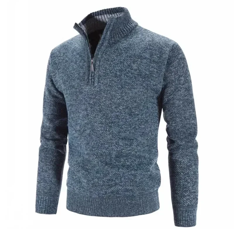 Suéter de punto grueso para hombre, jerséis de Color sólido con cremallera, cuello simulado, ajustado, informal, Otoño e Invierno