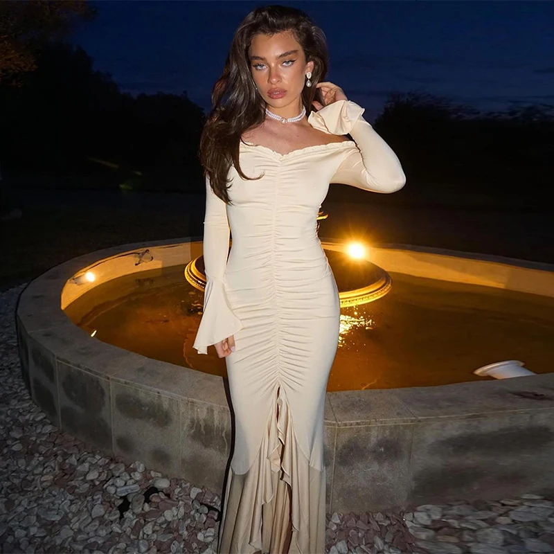 الأوروبية والأمريكية 2024 الخريف جديد لون نقي واحد الكتف كم طويل مثير شق مطوي التخسيس فستان المرأة