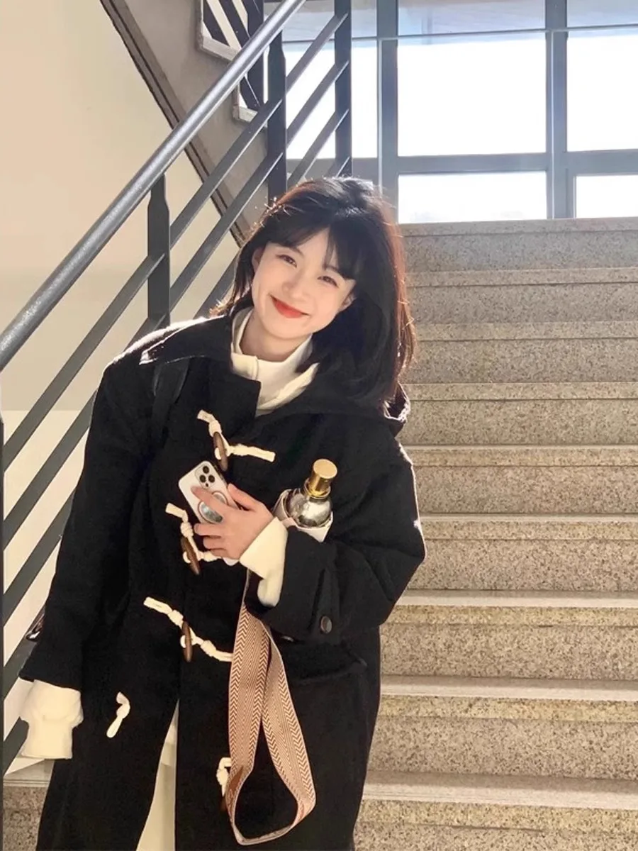 

Классическое корейское шерстяное пальто в стиле Хепберн для женщин, на пуговицах, с капюшоном, средней длины, с узором «ёлочка»