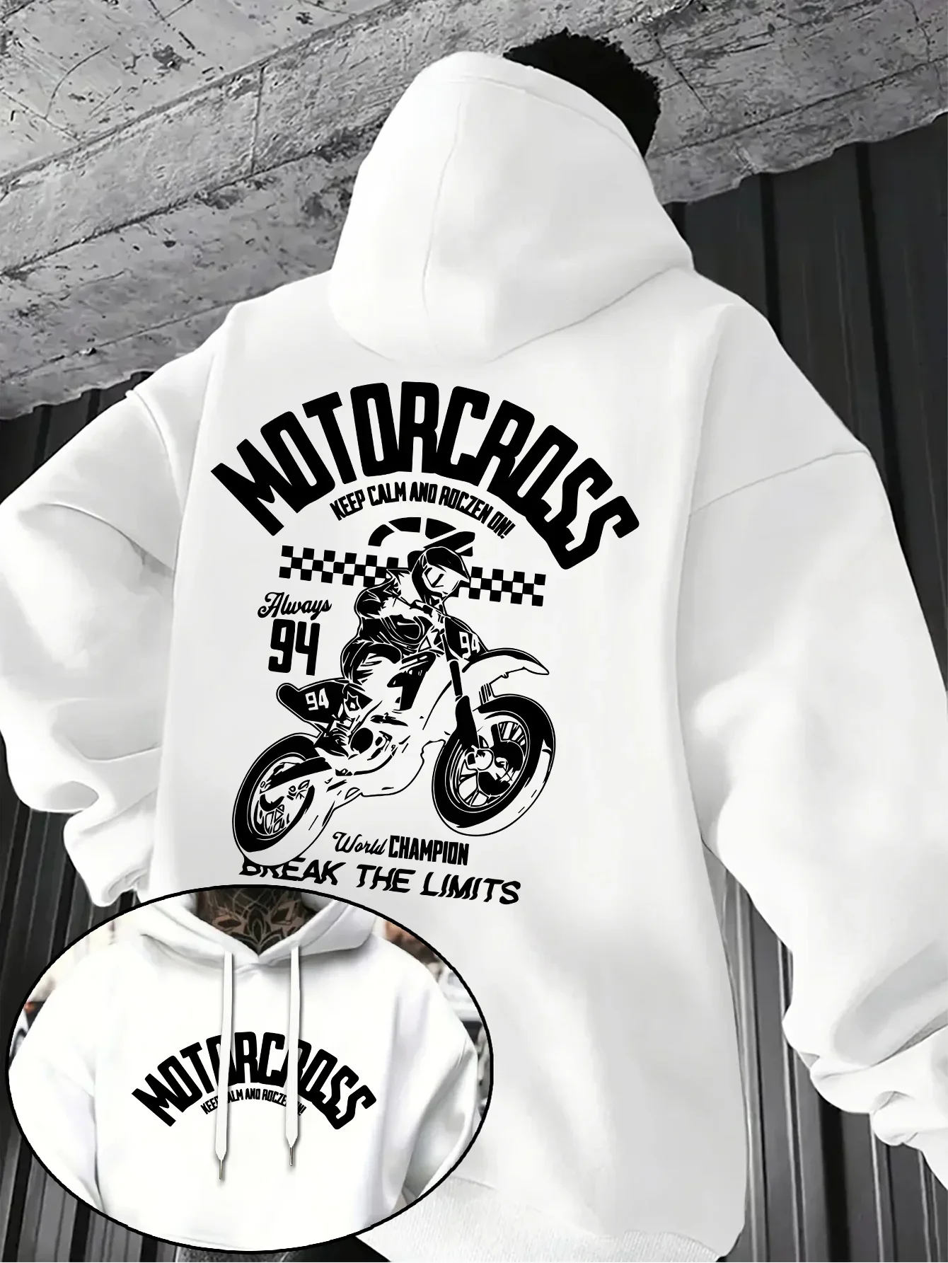 Retro Racing Aesthetic Motocross Number 94 Checkered Flag Rider Sketch Two Side Printed Oversized Men Street Hoodie Sweatshirt