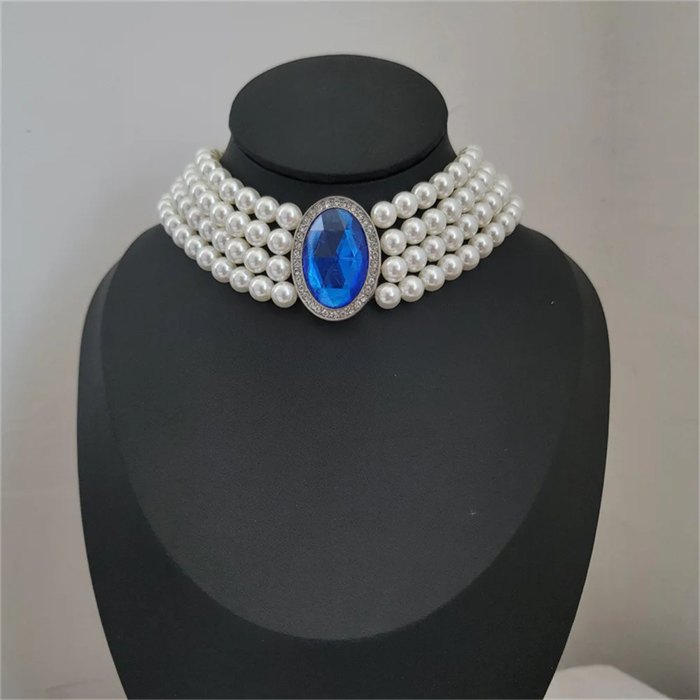 Vintage Double Layered Pearl Choker Necklace Sapphire Pearl Necklace Women Elegant Clavicle Chain Banquet Accessories Gift