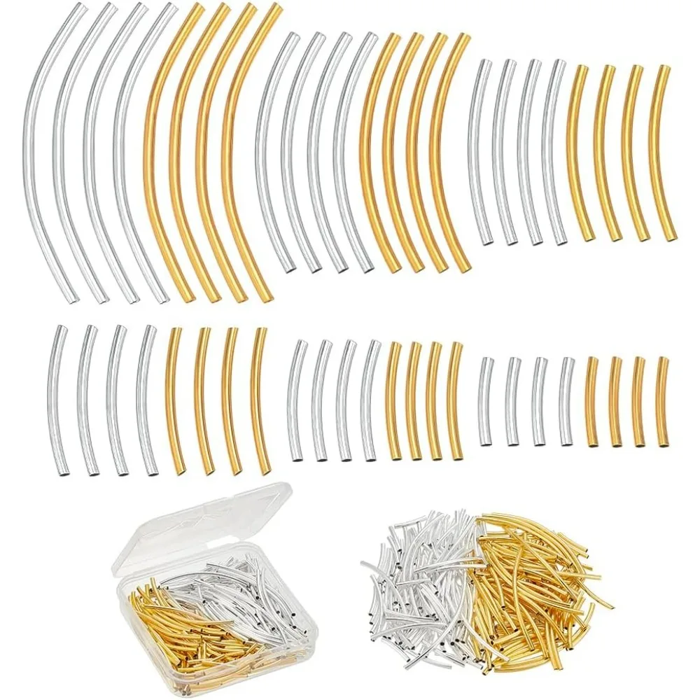 

260pcs 6 Sizes Brass Curved Tube Beads Noodles Beads Tube Spacer Bead Smooth Metal Bead Connector for Blessing
