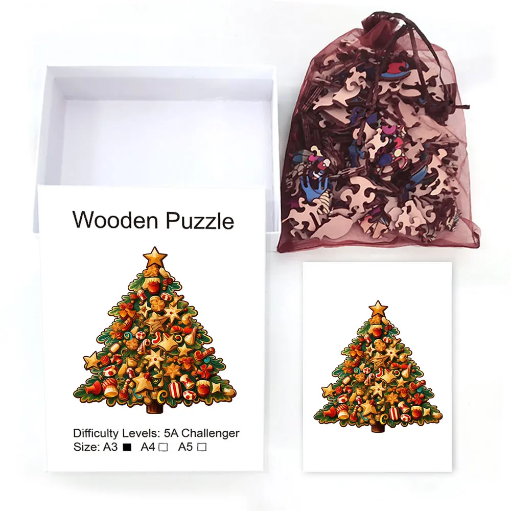 Rompecabezas de madera lindo árbol de Navidad caja de regalo patrón temático rompecabezas 3D personalizado regalo feliz para adultos educación juego de juguete para niños