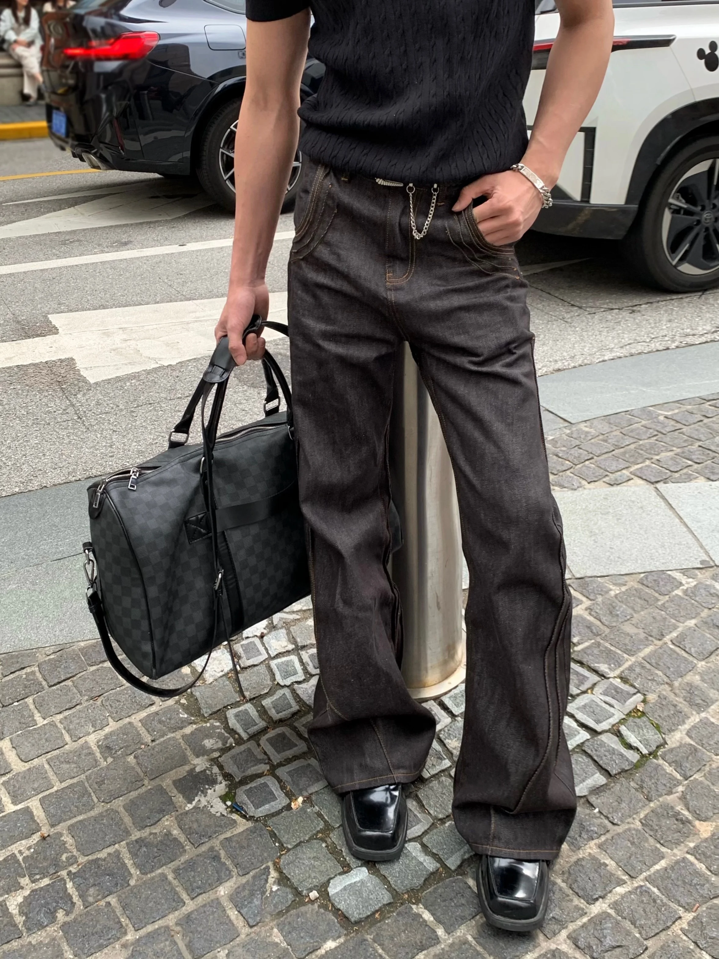 Ace American Retro Straight Leg Bell Bottom Jeans High Street Embroidered Loose Washed Floor-Length Pants for Men