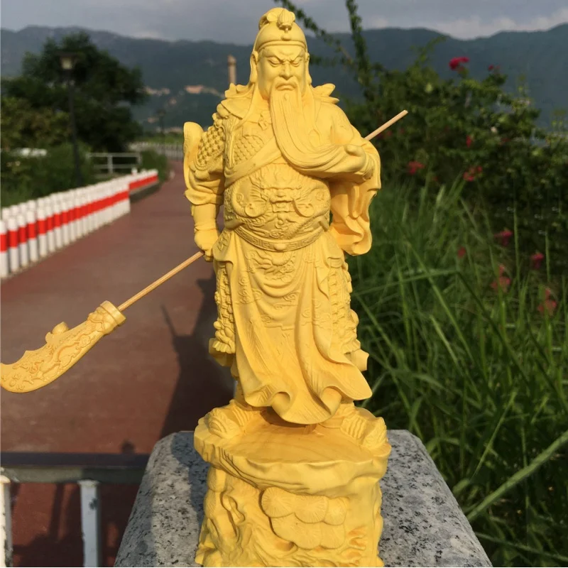 

Boxwood Craft Lisong Weiwu Guan Gong Buddha Statue with Knife God of War and Wealth Zhongyi Qianqiu Lord Guan the Second Home Li