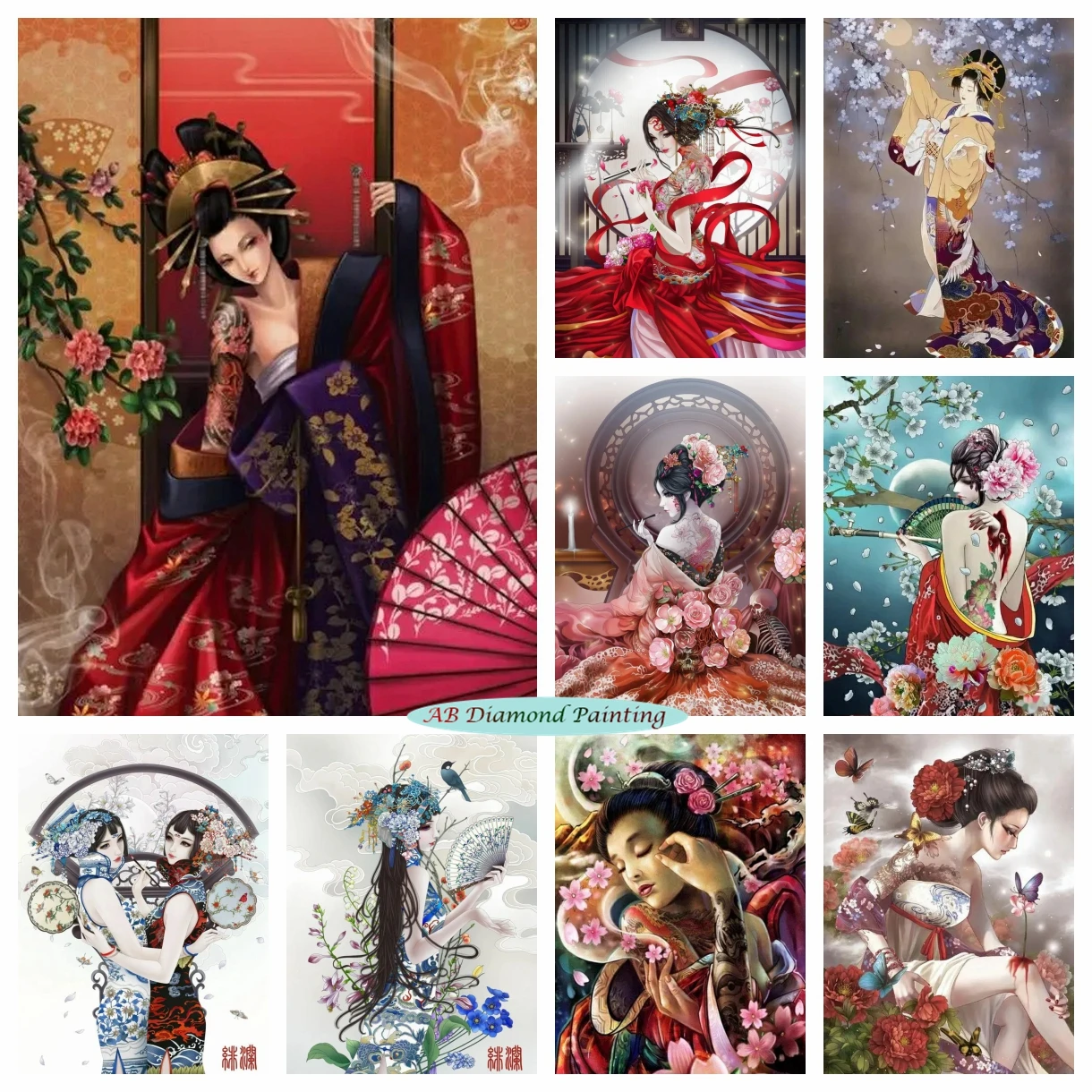 

5D AB Drills Diamond Painting Geisha Woman Embroidery Picture Mosaic Japanese Kimono Art Cross Stitch Kits Portrait Home Decor