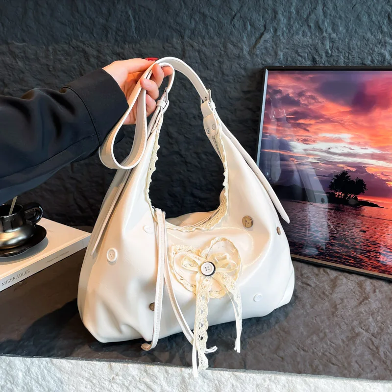 

Новинка 2023 года, женская большая сумка с кружевной отделкой, элегантная сумка через плечо с бантом, изысканная сумка с кружевной аппликацией, шикарная и просторная ​