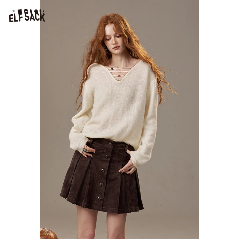 

ELFSACK 2025 Winter New Arrivals Casual Lace-up Beaded V-Neck Loose Fit Sweater For Woman
