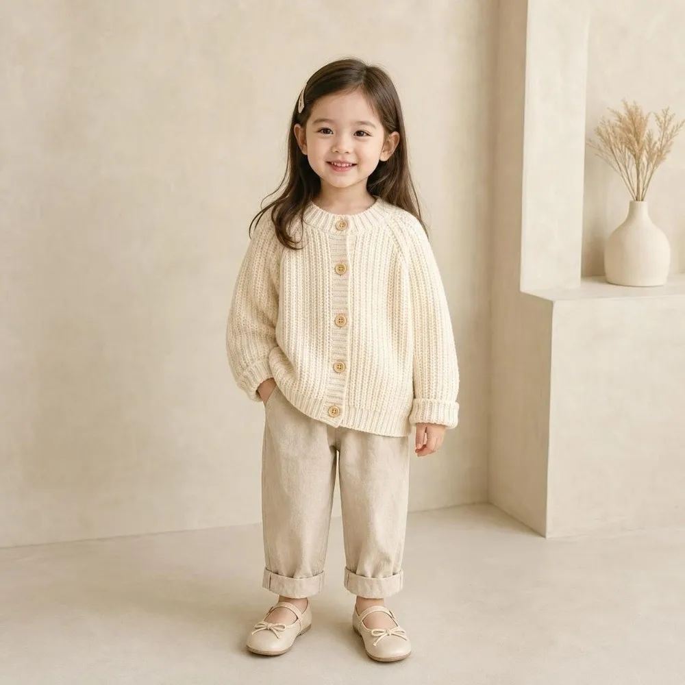 Fashion Beige Color Baby Cardigan Sweater Long Sleeved Solid Color Cardigan Jacket Open Knitted Top For Baby