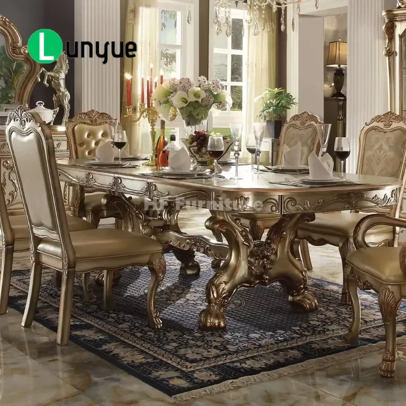 Luxury French Carved Dining Table Set Royal Gold Restaurant Furniture Elegant Home Dining Room Decor High End Classic Style