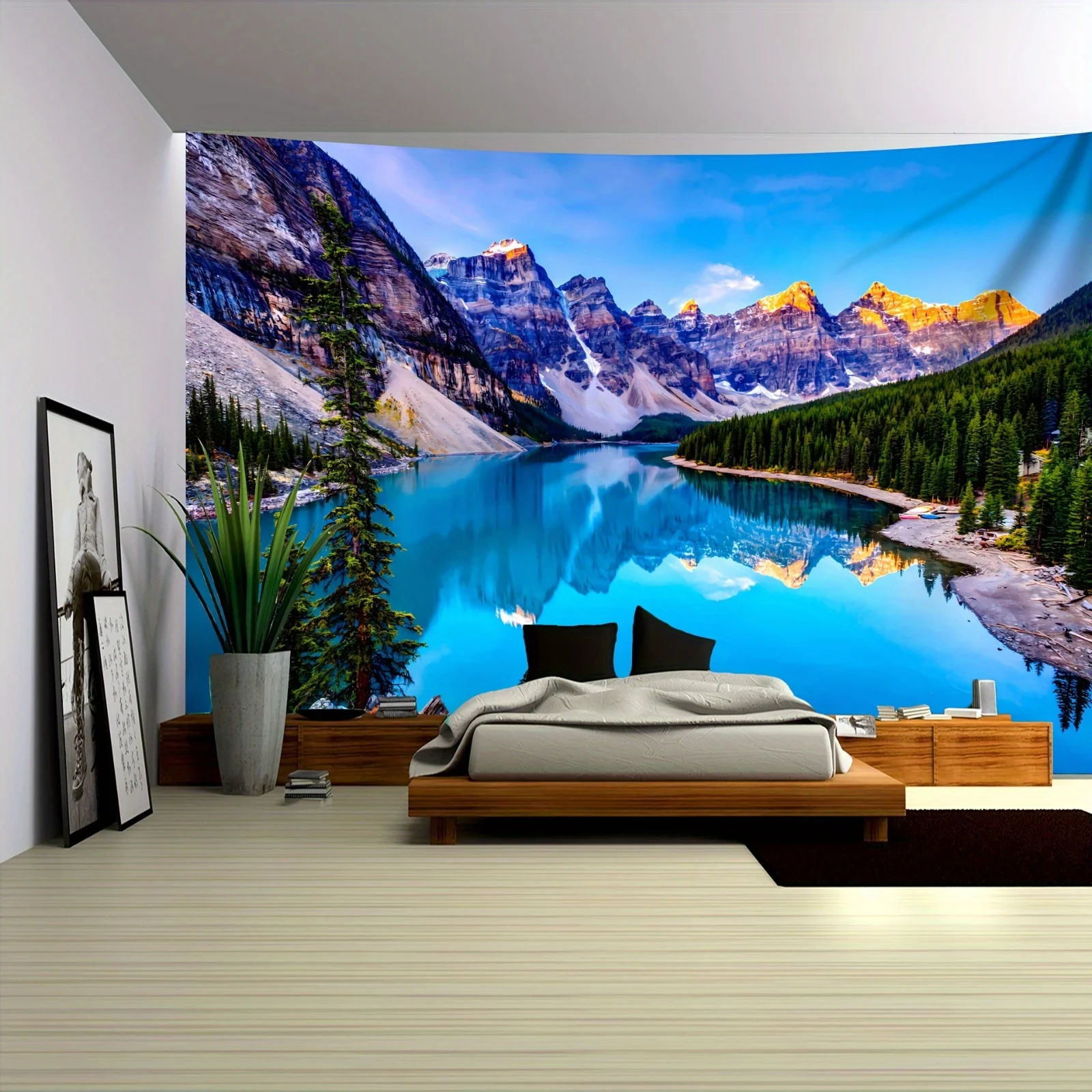 1Pc Ultra Beautiful Lake Mountain Landscape Photo Wall Large Size Polyester For Living Bedroom Office Home Room Party Decoration