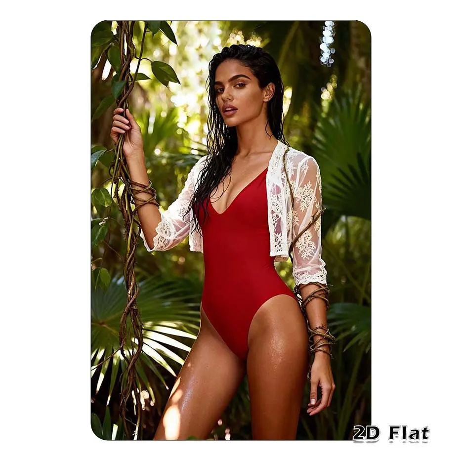 Letrero Metálico Vintage 2D - Arte Mural de Elegante Mujer Morena en Traje de Baño Rojo en la Selva, Regalo Perfecto para Habitación, Hogar, Bar, Garaje