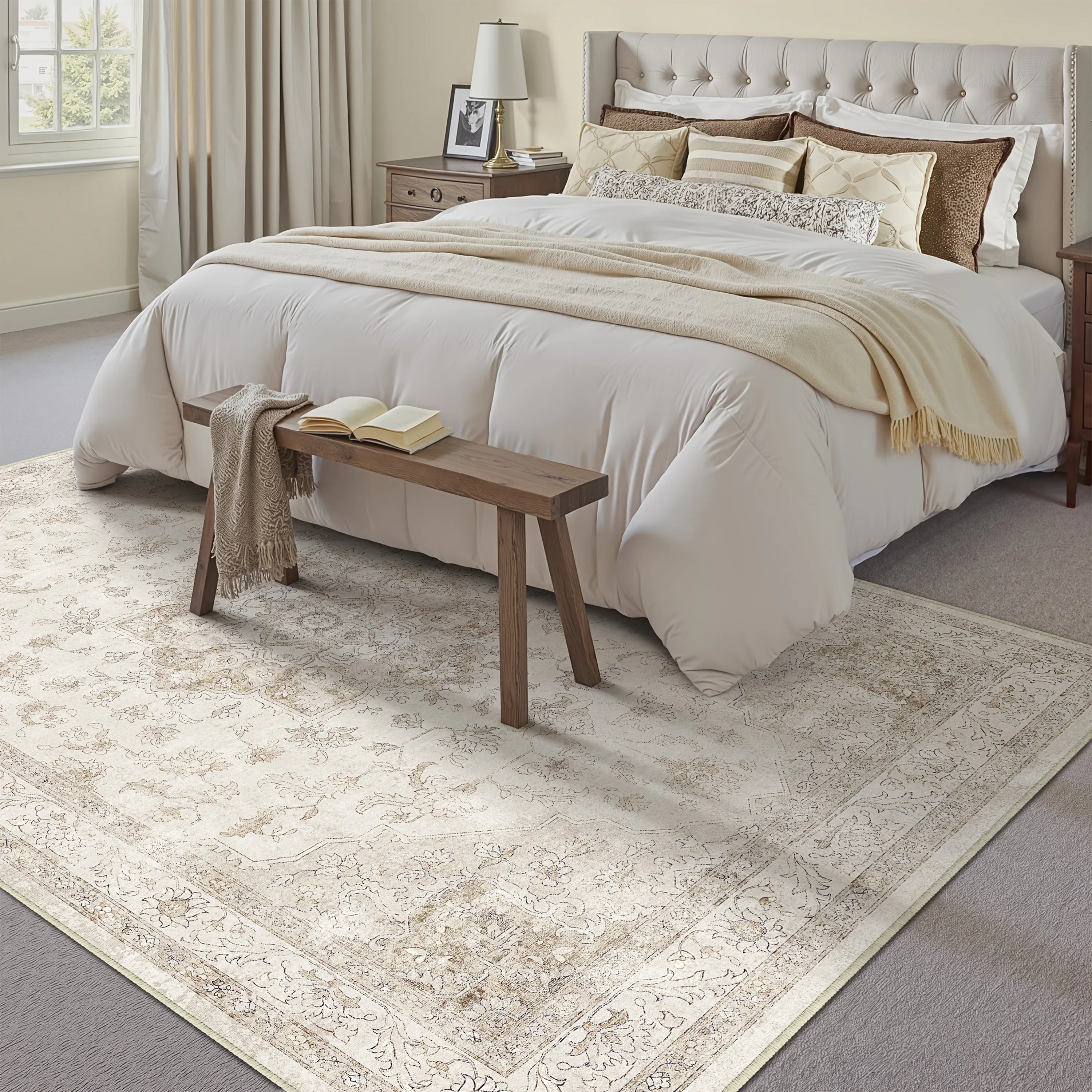 

Modern Floral Floor Mat With Soft, Non-Slip Rubber Base, Machine Washable. Minimalist Beige Style Decorative Rug For Living Room Or Bedroom, Multi-Size And Multi-Scene Optional Indoor Carpet In Ultra-Simple Style.