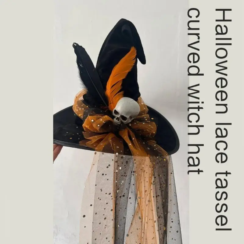 A52E Spooky Witch Hat pour Halloween Party Sequins Skull Accessories Nozard Hat Wizard