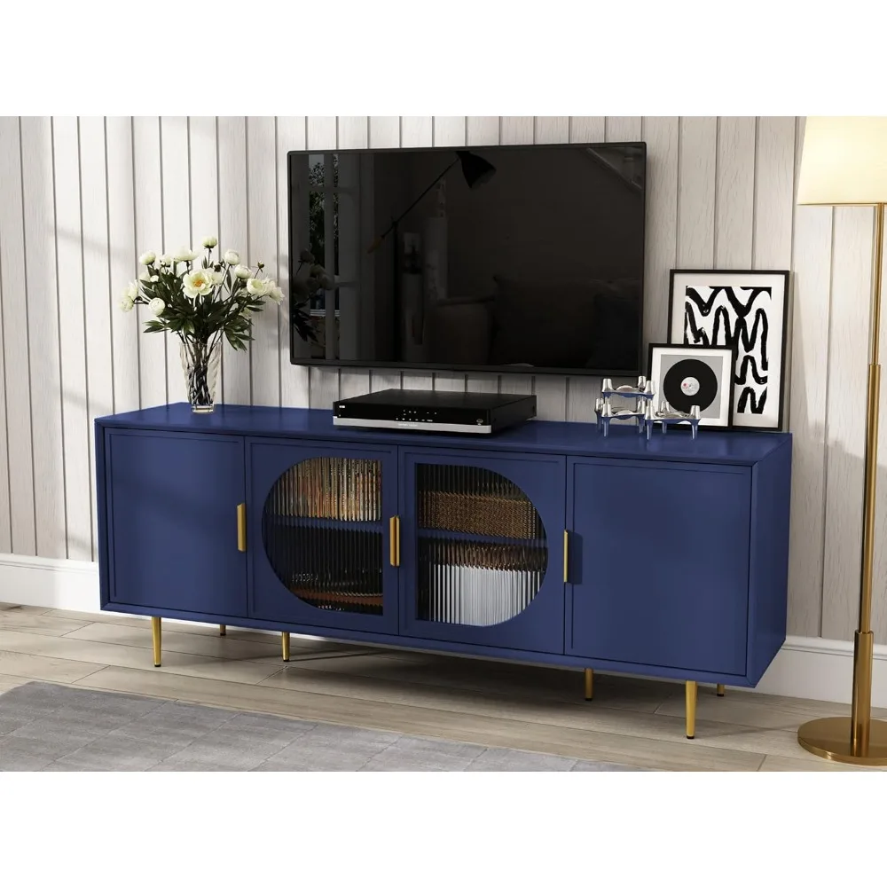 Modern TV Stand for TVs up to 70+ inch, Glass Door Television Console Table with Gold Leg, Entertainment Center, TV Stand