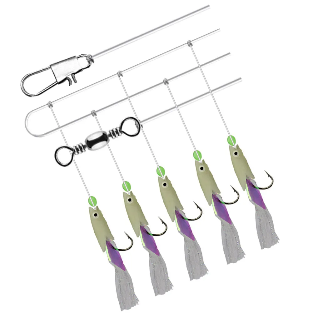 2 Strings Night Glow Fishing Hook Carbon Steel Treble Bait Wire Sea Fishing Multi-Directional 5-in-1 Fishhook Professional