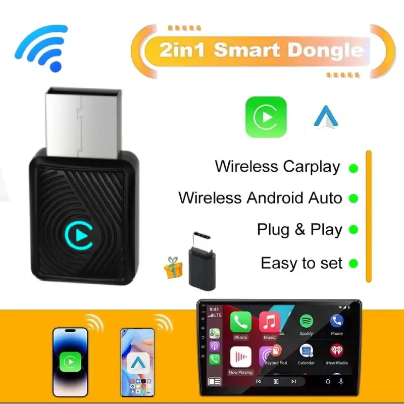 

Wireless CarPlay Adapter for iPhone Convert Wired to Wireless Apple CarPlay Adapter Mini Size w/Extension Cable USB&USB-C/Type-C