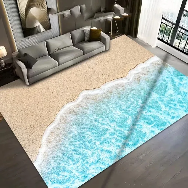 Realistic Beach Seaside Shore Impasto Textured Ocean Wave Printed Long Runner Rug Coastal‑Style Hallway Entry Kitchen Area Rug