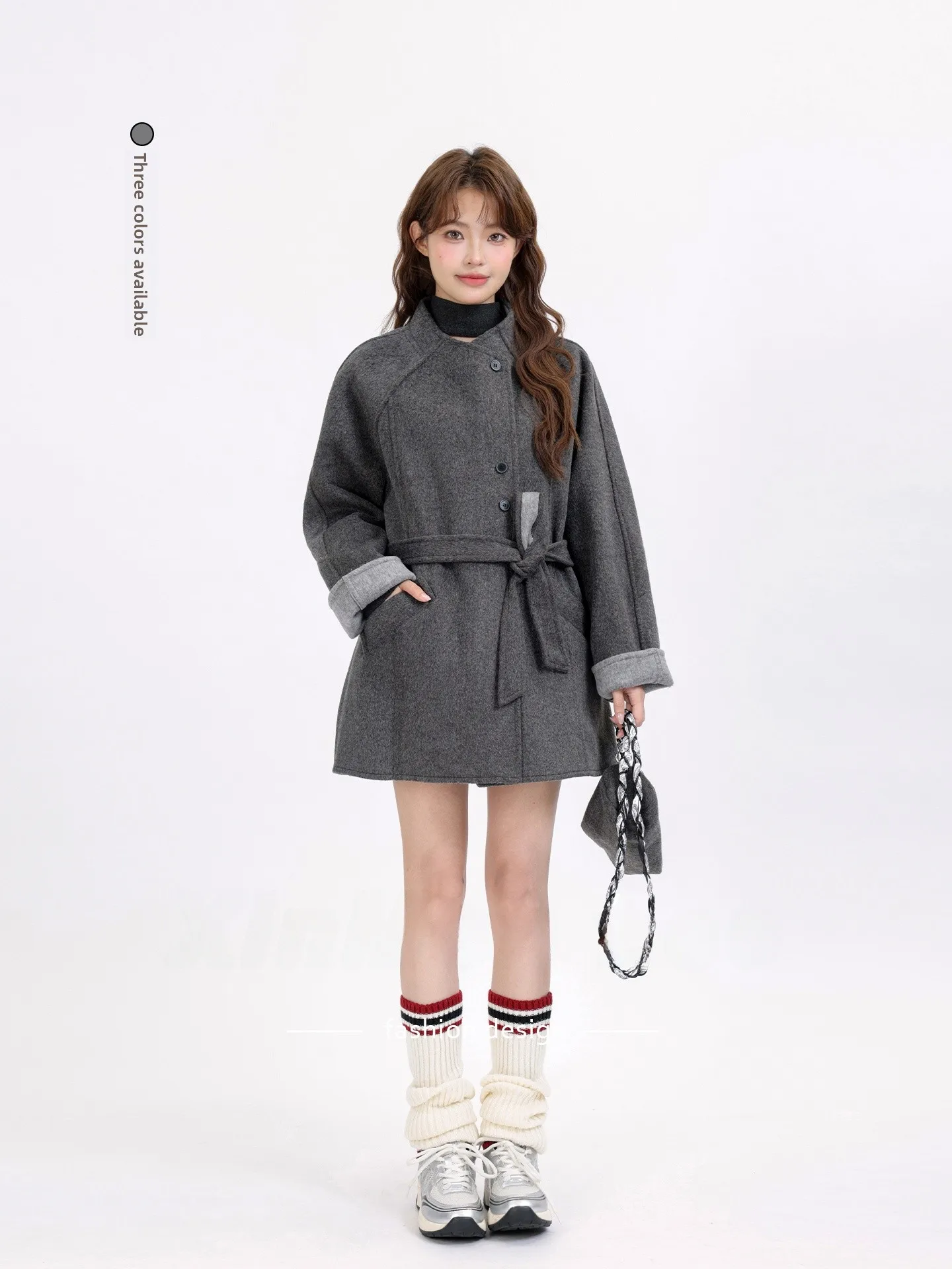 

Двустороннее шерстяное пальто Ele, корейское зимнее универсальное утягивающее верхнее белье средней длины с воротником-стойкой для молодых женщин