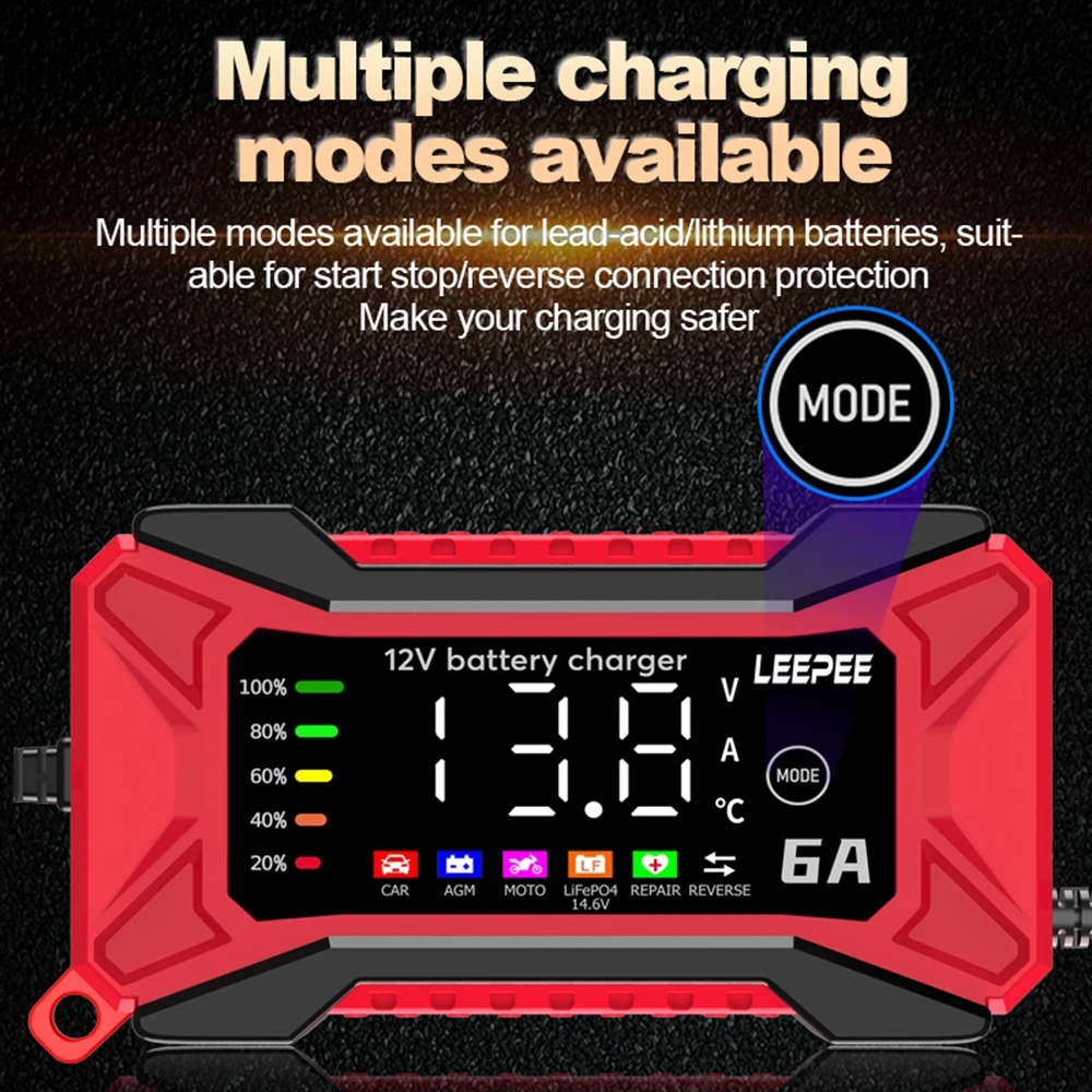 6A 12V Lead Acid Battery Chargers Intelligent Pulse Repair Digital Display Voltage Detection Car Battery Charger 110V-240V Input