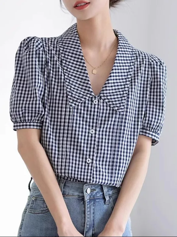 

Ретро-рубашка в клетку с коротким рукавом, женская летняя новинка, свободный приталенный топ с воротником-стойкой в корейском стиле, прямой крой
