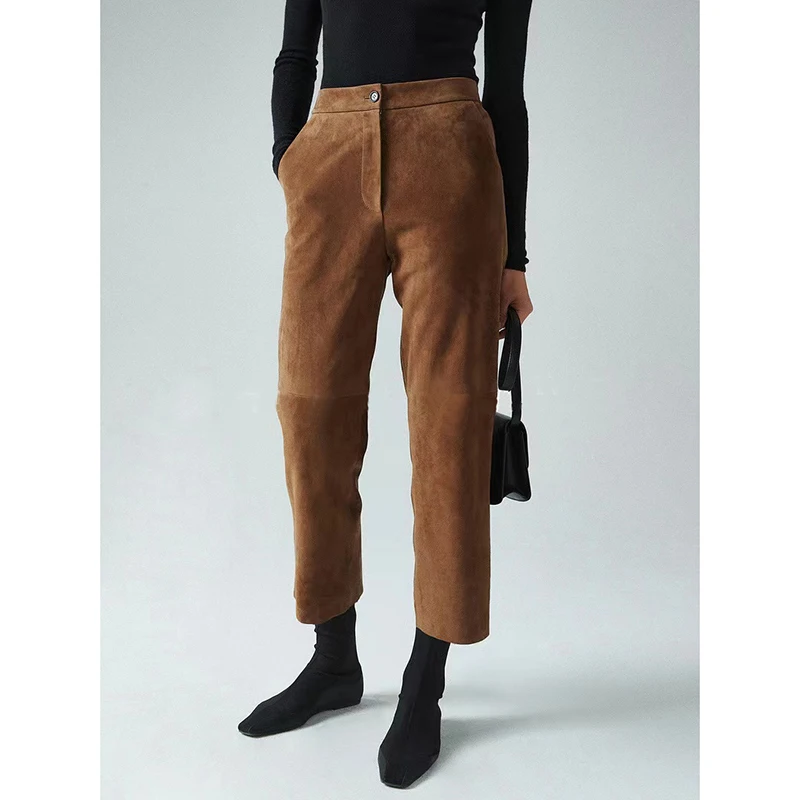 Leather Pants Autumn Winter Women Fashion Kid Suede High Waist Loose Casual Elegant Brown/Black Sheepskin Ankle-Length Trousers