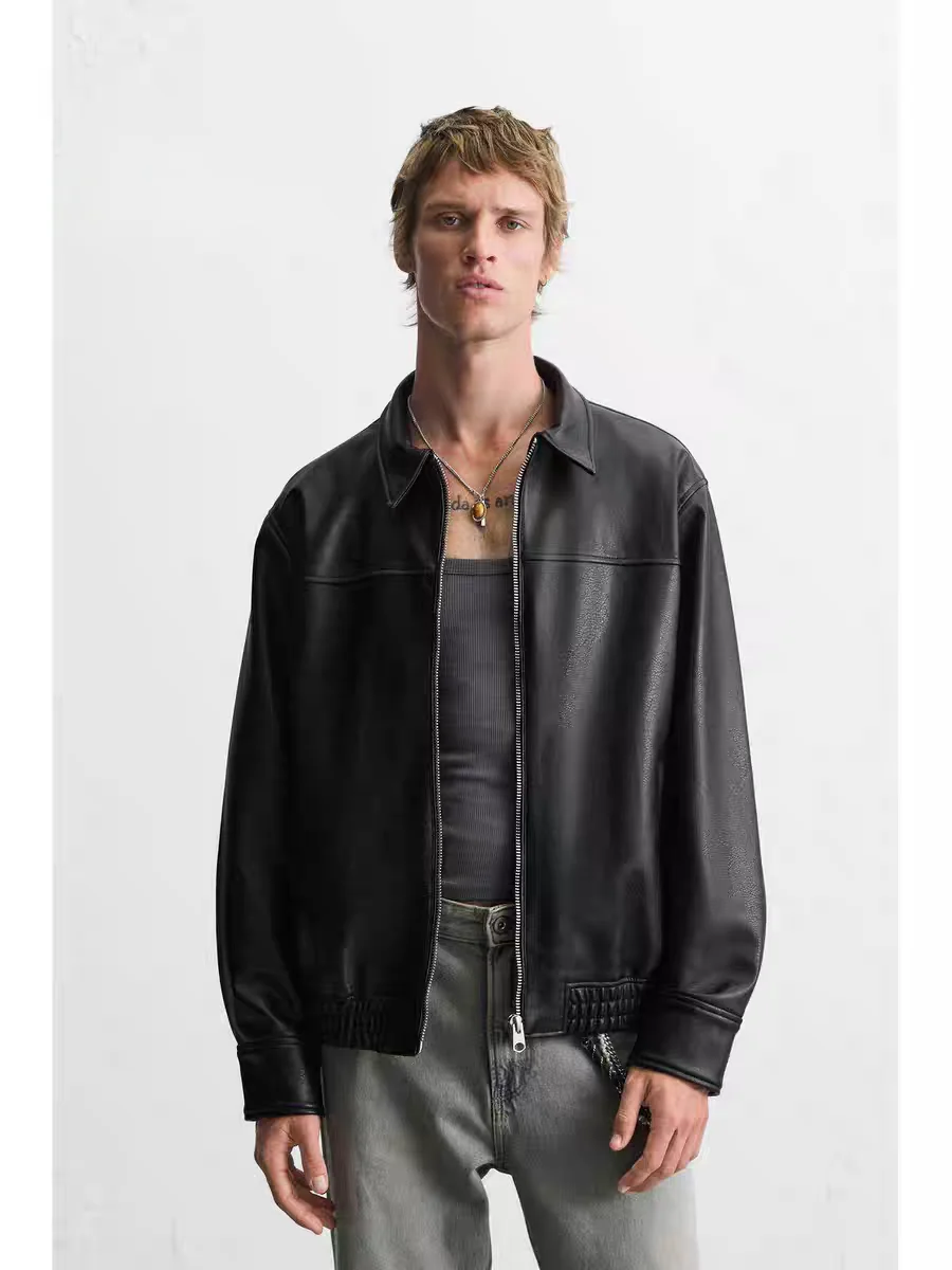 

New Arrival Autumn Men's Loose Fit Leather Pilot Zipper Jaet Outerwear Casual Sle Windproof Polyester Long Sve Coat