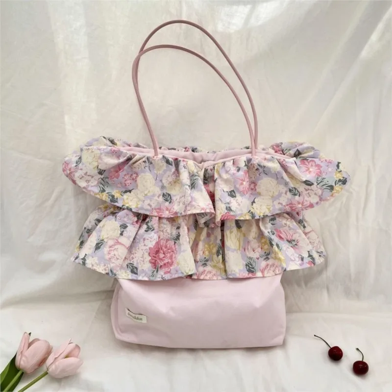 Harajuku زهرة كشكش تقليم الوردي حقائب كتف المرأة الحلو لطيف شيك Y2k حقيبة يد الإناث تنوعا سعة كبيرة حمل حقيبة 2025