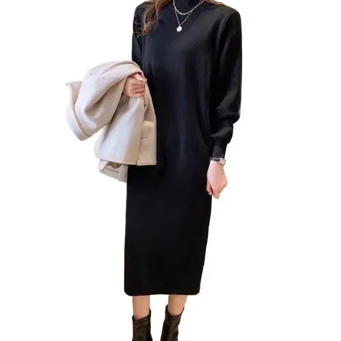 Thickened plus Size Slimming Half High Collar Velvet Dress Autumn Winter Belly Covering Knee-Length Black Base Shirt Long Dress