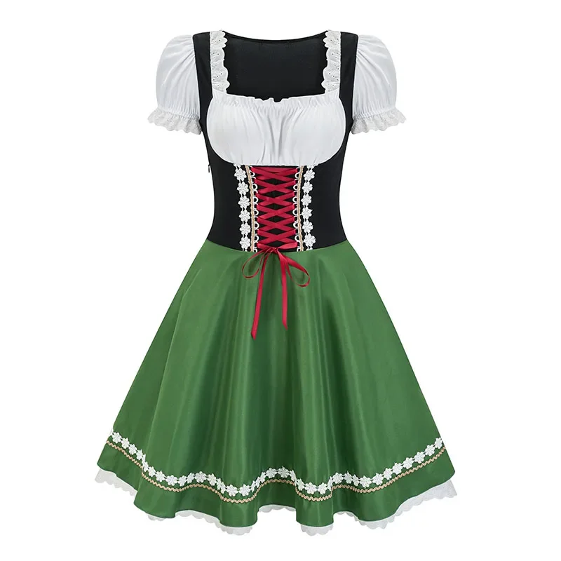 

Women's Traditional German Dirndl Dress Halloween Oktoberfest Costume with Lace-Up Design Bavarian Outfit Green and Red