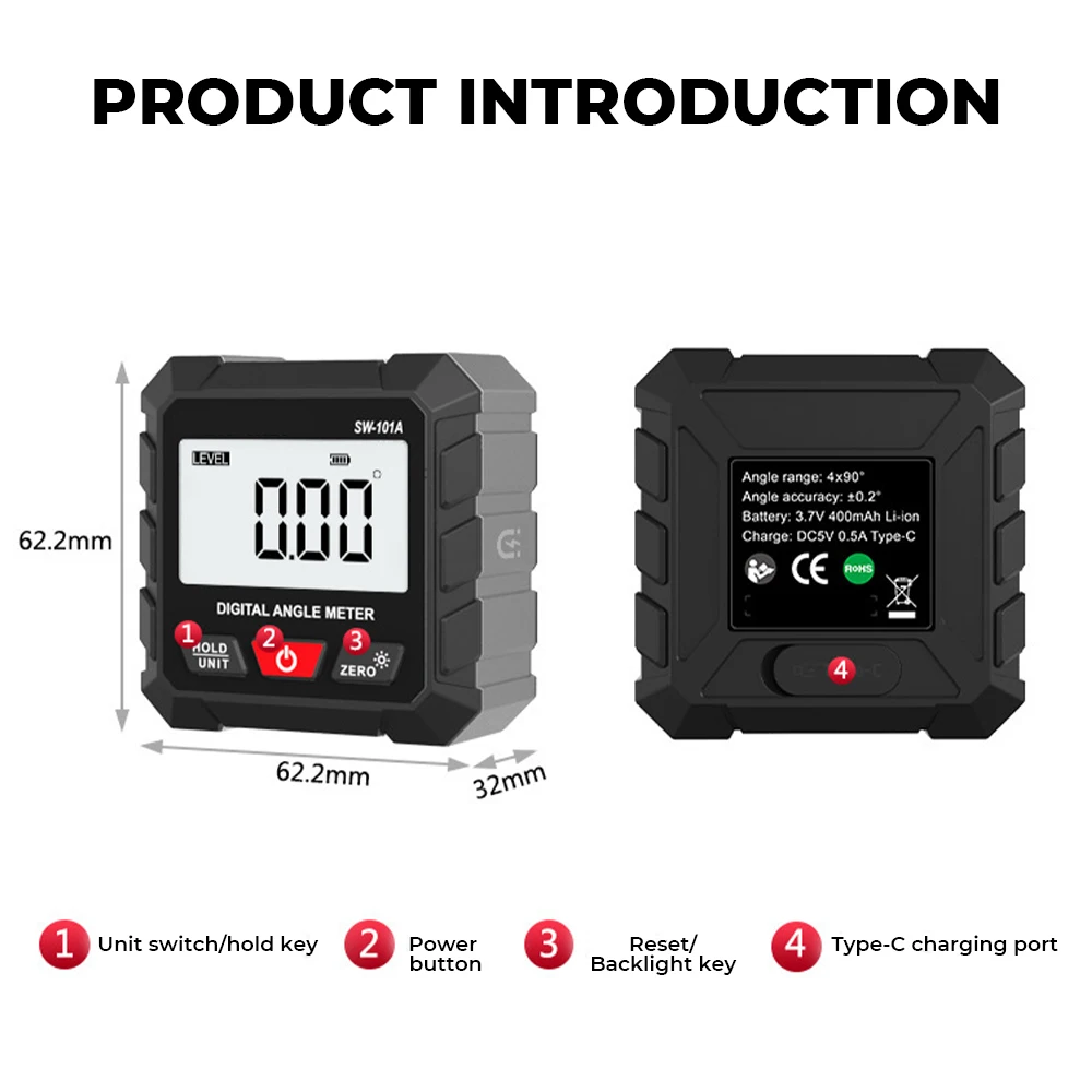 

Magnetic Digital Angle Finder USB RechargeableElectronic Gauge Protractor Inclinometer Level Magnets Level Ruler 180° Reversible