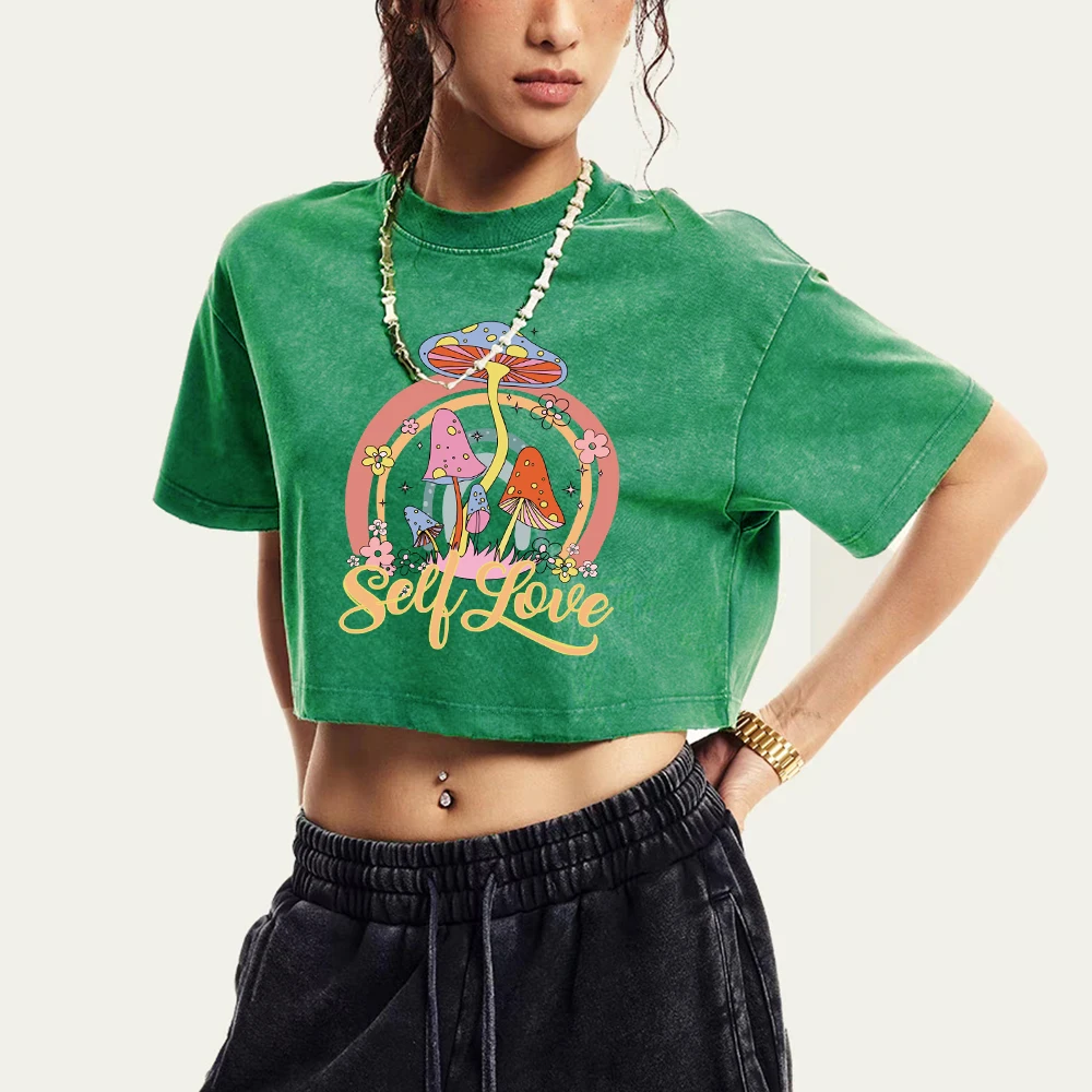 

Mushrooms That Grow Freely Print Women Washed T-Shirt Casual Crop T Shirt Summer Cotton Clothes Fashion Slim Short Sleeve Female