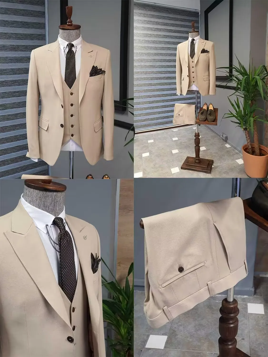 Formele Kaki Mannen Trouwpakken Bruidegom Smoking Slim Fit Business Suits Peak Revers Jack 3-delige Kostuum Homme (Blazer Broek + Vest)